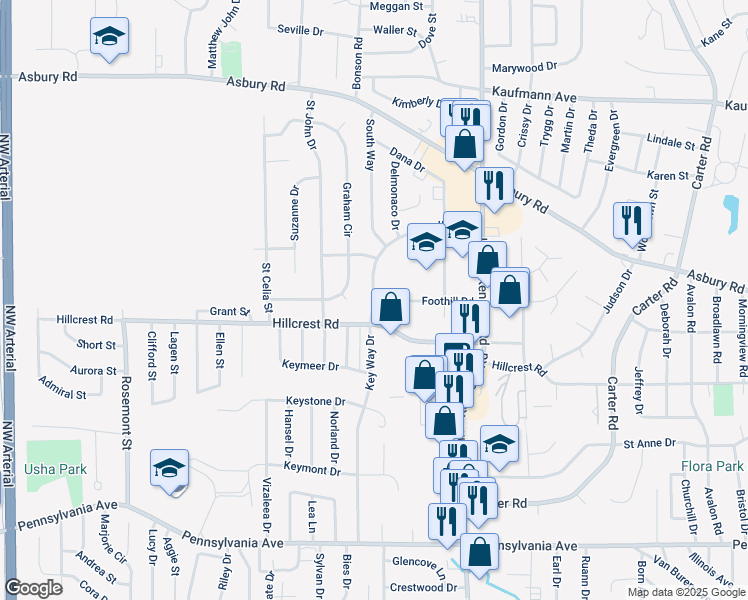 map of restaurants, bars, coffee shops, grocery stores, and more near 3499 Foothill Rd in Dubuque
