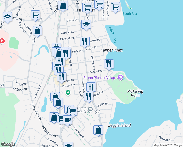 map of restaurants, bars, coffee shops, grocery stores, and more near 36 Ocean Avenue in Salem