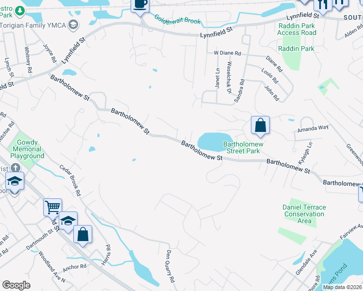 map of restaurants, bars, coffee shops, grocery stores, and more near 182 Bartholomew Street in Peabody