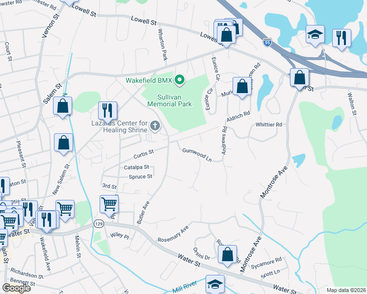 map of restaurants, bars, coffee shops, grocery stores, and more near 11 Davey Lane in Wakefield