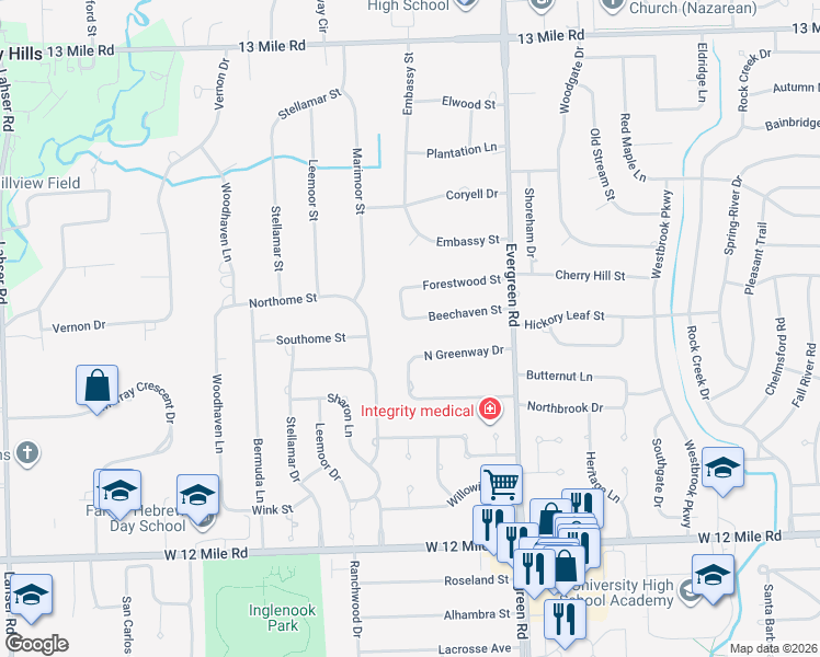 map of restaurants, bars, coffee shops, grocery stores, and more near 20368 Forestwood Street in Southfield