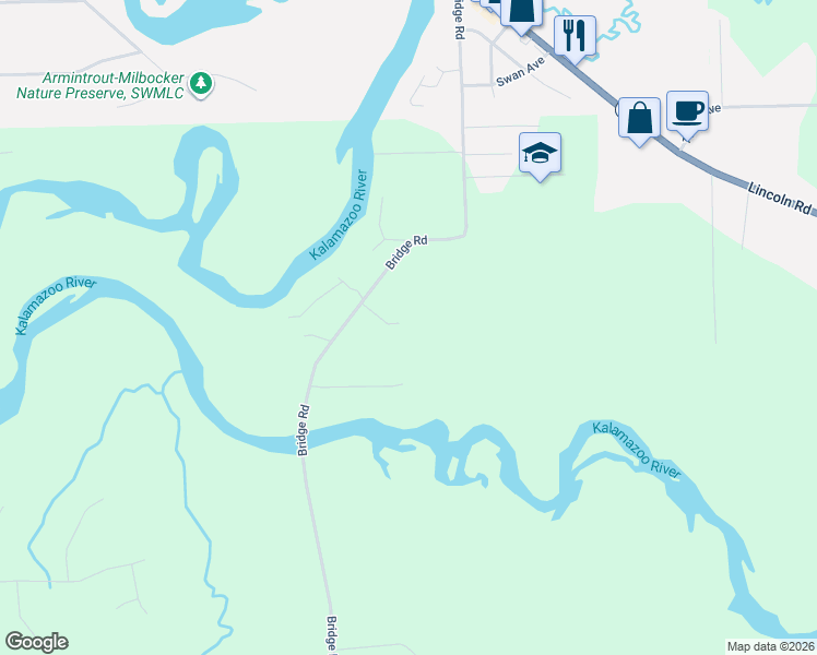 map of restaurants, bars, coffee shops, grocery stores, and more near 3031 Dogwood Lane in Allegan
