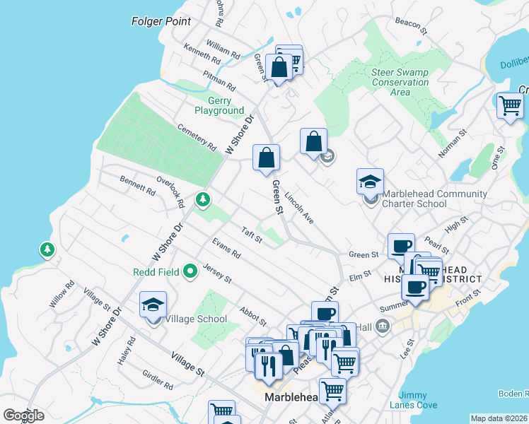 map of restaurants, bars, coffee shops, grocery stores, and more near 1 Turner Road in Marblehead