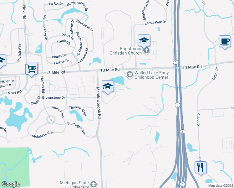 map of restaurants, bars, coffee shops, grocery stores, and more near 29200 Meadowbrook Road in Novi