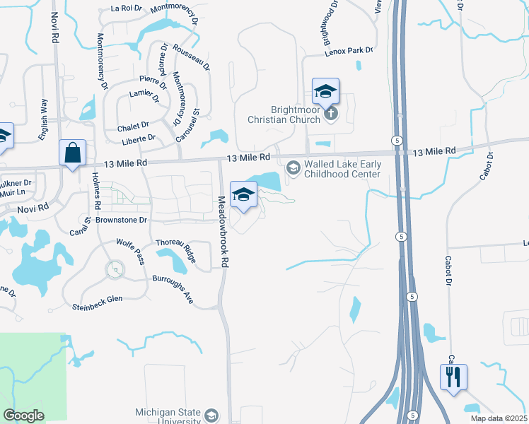 map of restaurants, bars, coffee shops, grocery stores, and more near 29200 Meadowbrook Road in Novi