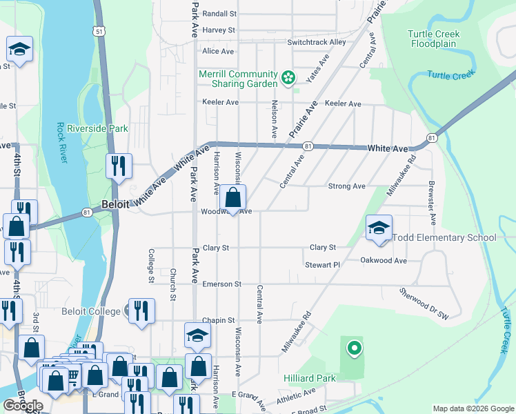 map of restaurants, bars, coffee shops, grocery stores, and more near 1006 Prairie Avenue in Beloit
