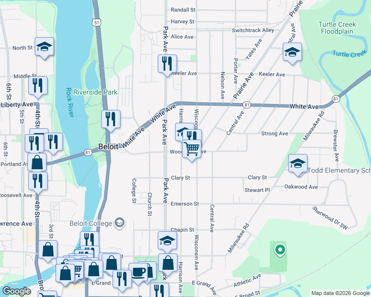 map of restaurants, bars, coffee shops, grocery stores, and more near 1033 Woodward Avenue in Beloit