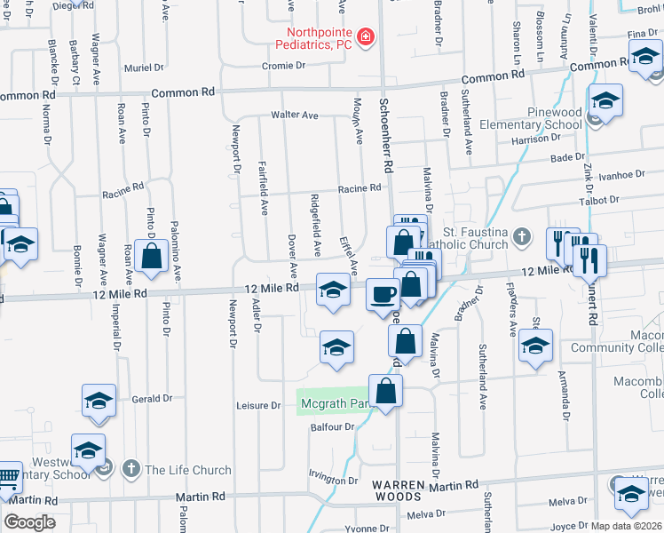 map of restaurants, bars, coffee shops, grocery stores, and more near 13228 Geoffry Drive in Warren