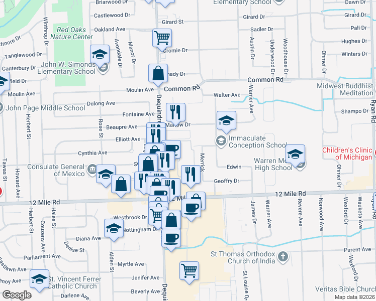 map of restaurants, bars, coffee shops, grocery stores, and more near 29356 Dequindre Road in Warren
