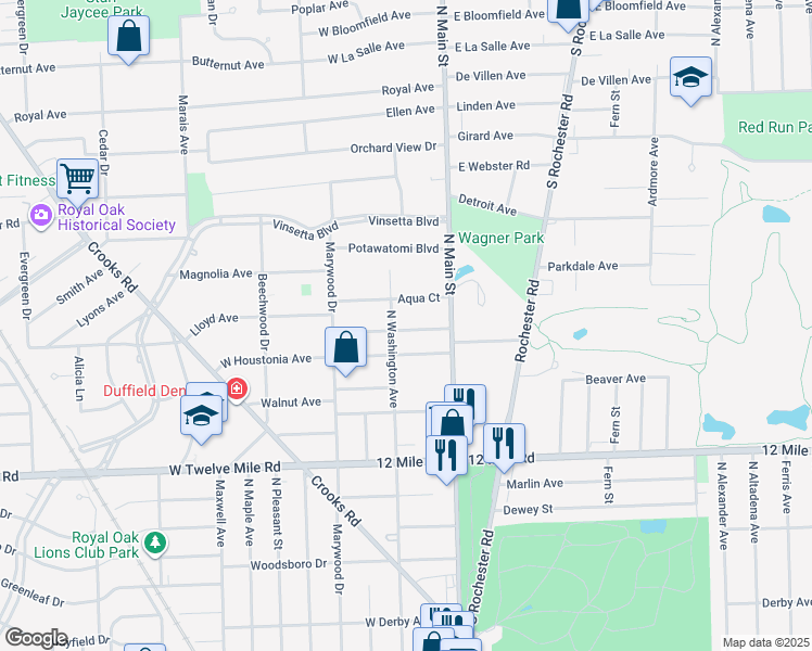 map of restaurants, bars, coffee shops, grocery stores, and more near 220 La Plaza Court in Royal Oak