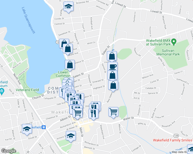map of restaurants, bars, coffee shops, grocery stores, and more near 5A Emerald Street in Wakefield