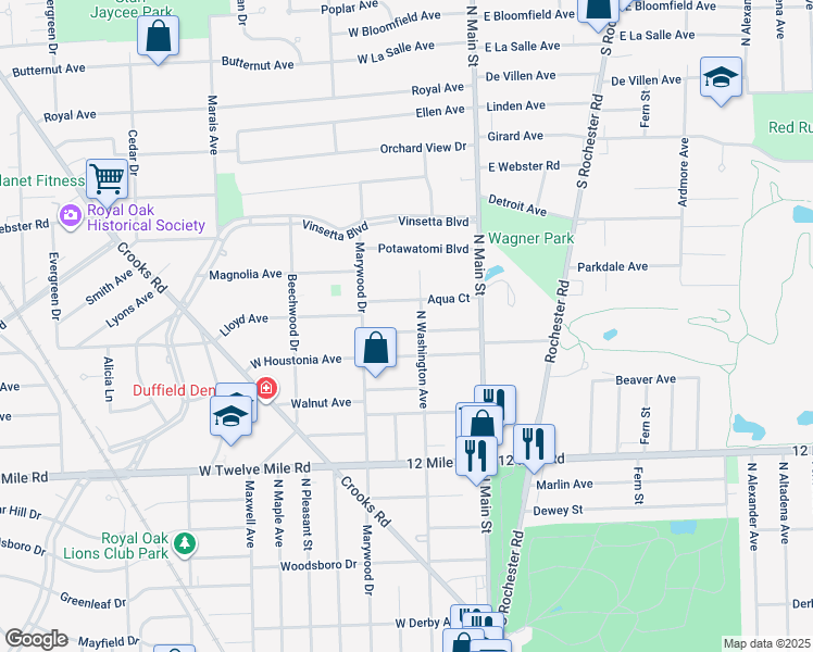map of restaurants, bars, coffee shops, grocery stores, and more near 312 La Plaza Court in Royal Oak