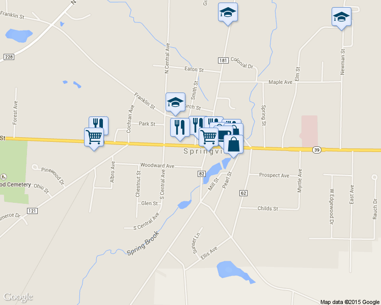 map of restaurants, bars, coffee shops, grocery stores, and more near 40 West Main Street in Springville