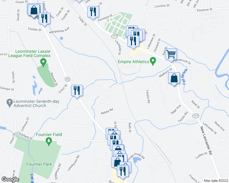 map of restaurants, bars, coffee shops, grocery stores, and more near 193 Litchfield Street in Leominster