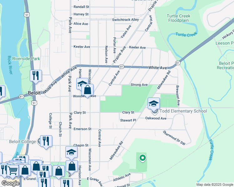 map of restaurants, bars, coffee shops, grocery stores, and more near 1321 Woodward Avenue in Beloit