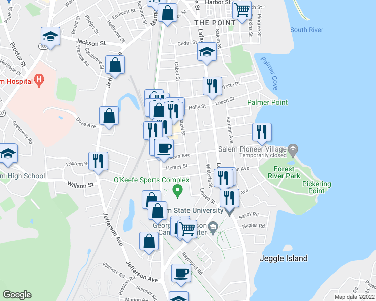 map of restaurants, bars, coffee shops, grocery stores, and more near 5 Meadow Street in Salem
