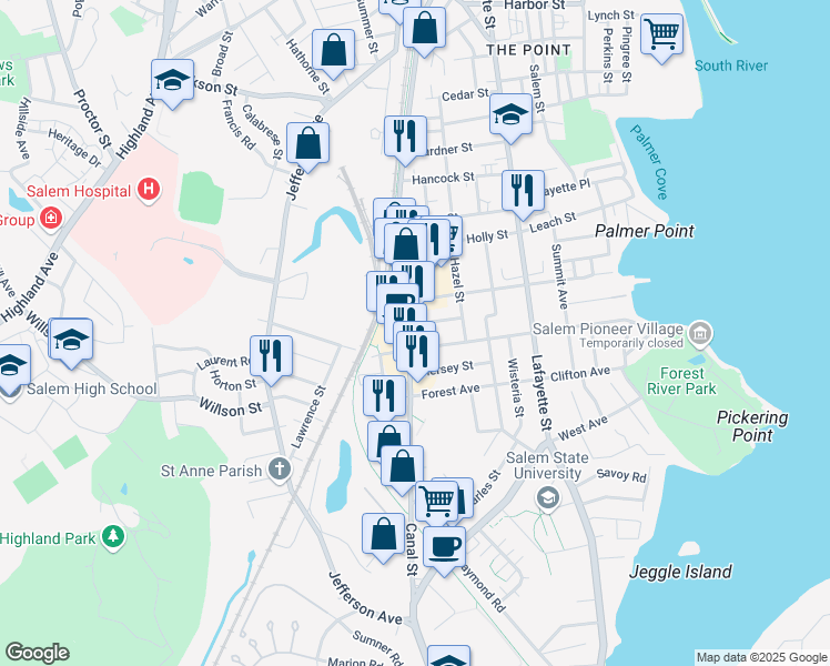 map of restaurants, bars, coffee shops, grocery stores, and more near 141 Canal Street in Salem