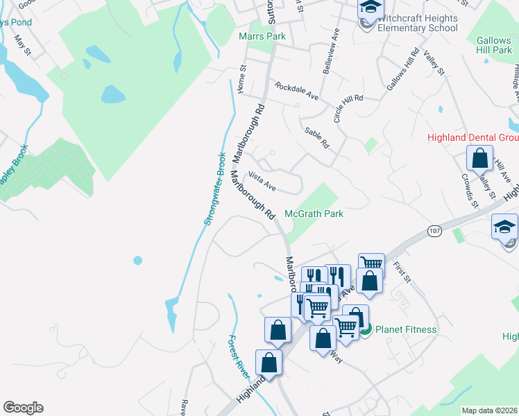 map of restaurants, bars, coffee shops, grocery stores, and more near 85 Marlborough Road in Salem