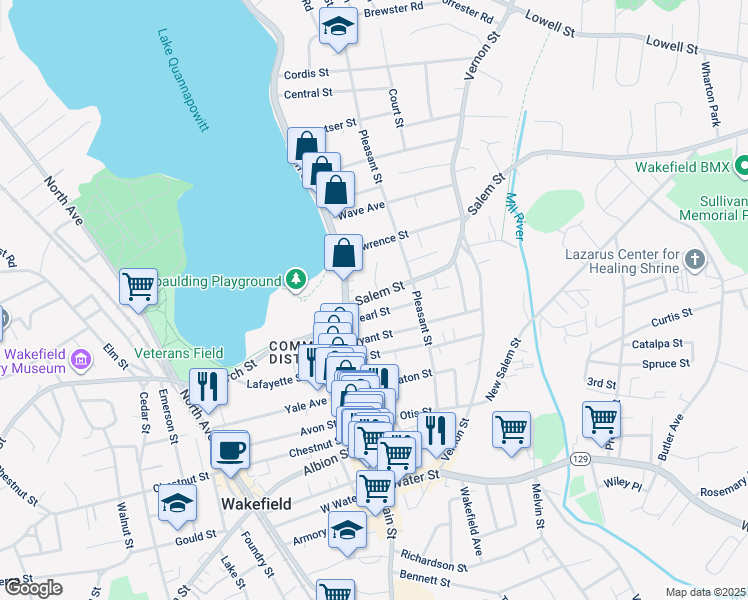 map of restaurants, bars, coffee shops, grocery stores, and more near 11 Salem Street in Wakefield