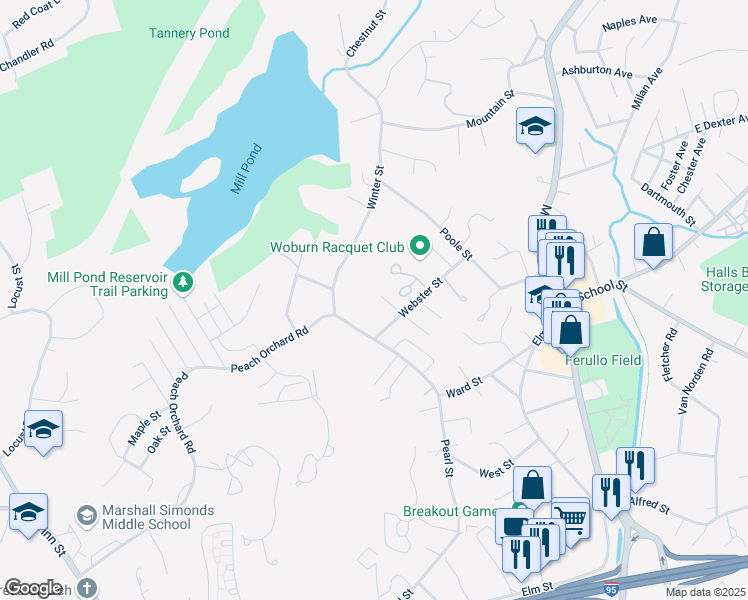 map of restaurants, bars, coffee shops, grocery stores, and more near 14 Drew Place in Woburn