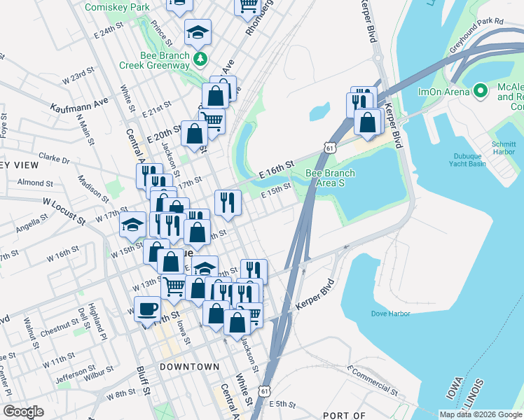 map of restaurants, bars, coffee shops, grocery stores, and more near 1450 Maple Street in Dubuque