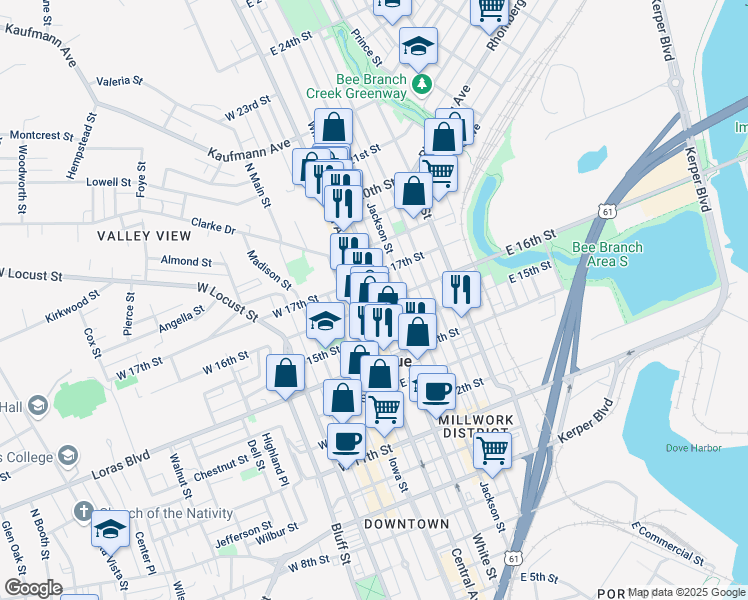 map of restaurants, bars, coffee shops, grocery stores, and more near 1600 White Street in Dubuque