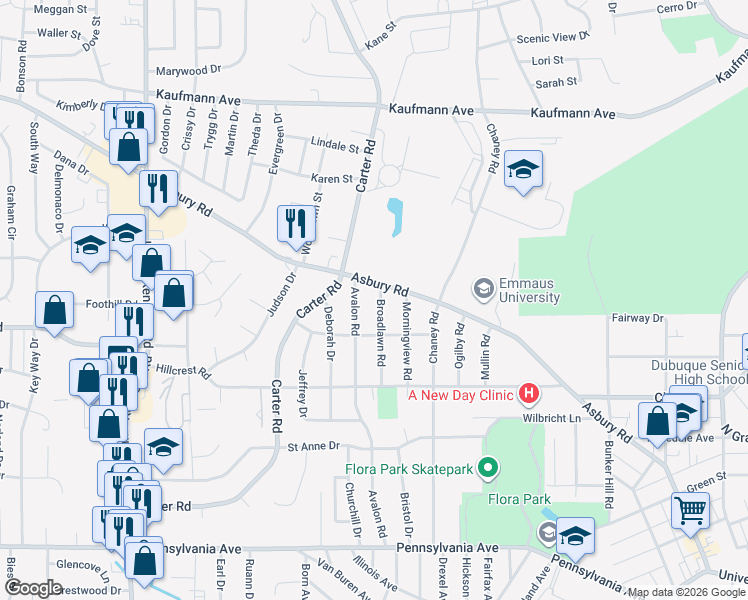 map of restaurants, bars, coffee shops, grocery stores, and more near 2191 Broadlawn Rd in Dubuque
