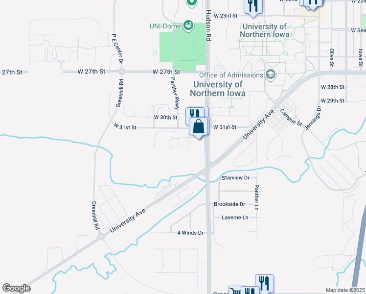 map of restaurants, bars, coffee shops, grocery stores, and more near 3210 Spring Valley Lane in Cedar Falls