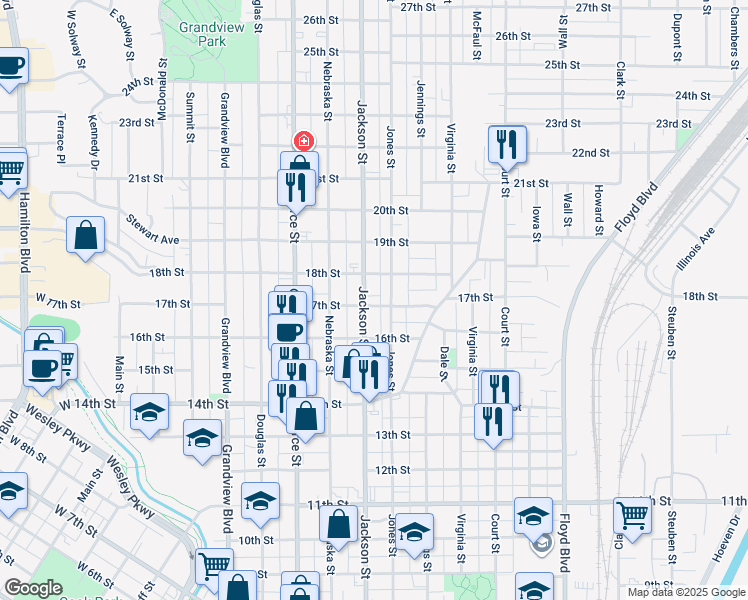 map of restaurants, bars, coffee shops, grocery stores, and more near 1704 Jackson Street in Sioux City