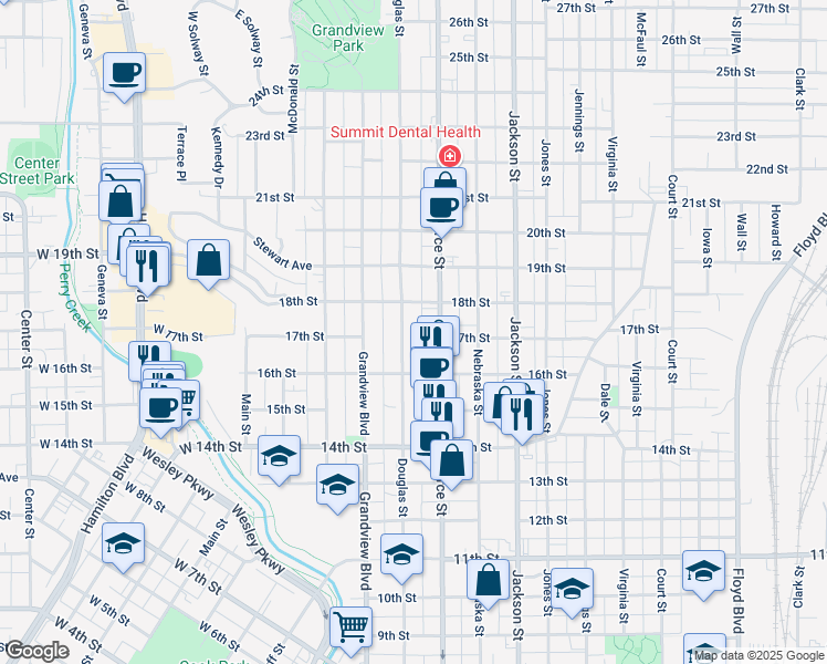 map of restaurants, bars, coffee shops, grocery stores, and more near 1710 Douglas Street in Sioux City
