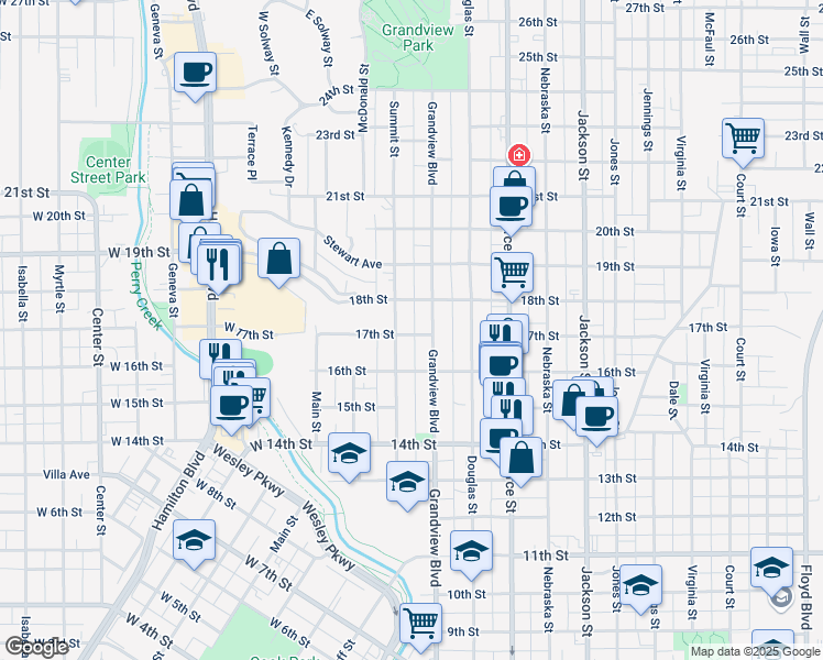 map of restaurants, bars, coffee shops, grocery stores, and more near 1702-1720 Summit Street in Sioux City
