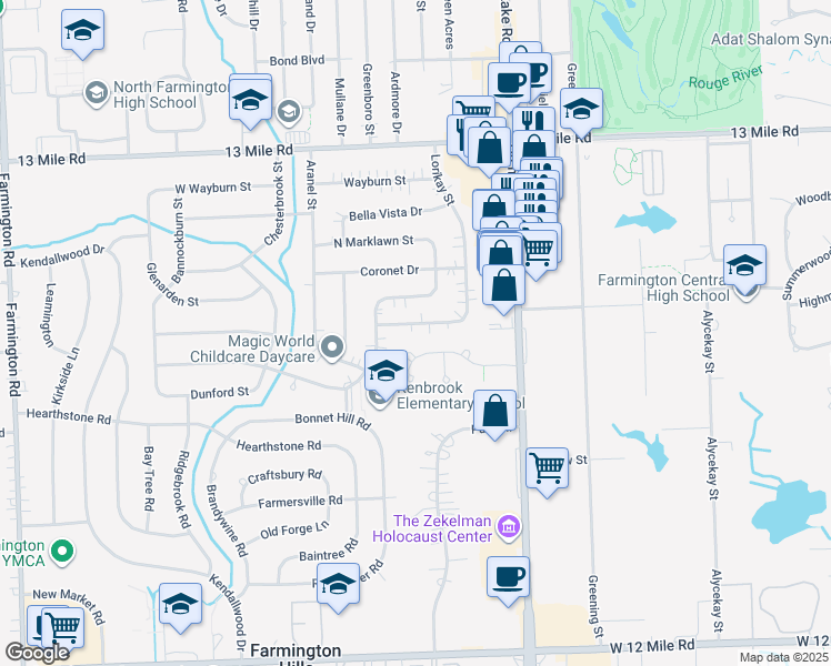map of restaurants, bars, coffee shops, grocery stores, and more near 28770 Lorikay Street in Farmington Hills