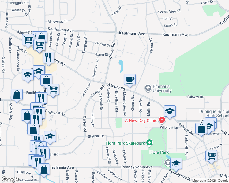 map of restaurants, bars, coffee shops, grocery stores, and more near 2191 Broadlawn Rd in Dubuque