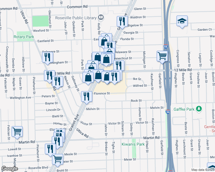 map of restaurants, bars, coffee shops, grocery stores, and more near 28792 Gratiot Avenue in Roseville
