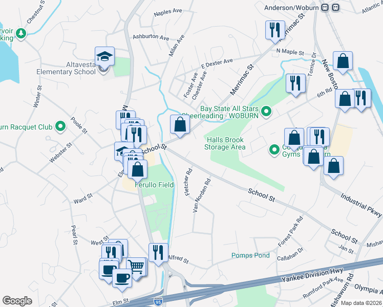 map of restaurants, bars, coffee shops, grocery stores, and more near 5 Mostika Road in Woburn