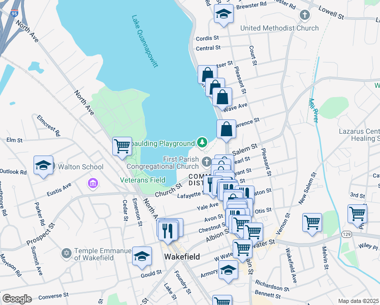 map of restaurants, bars, coffee shops, grocery stores, and more near 54 Spaulding Street in Wakefield