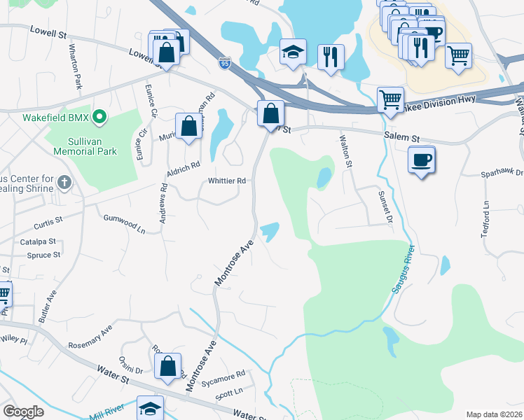 map of restaurants, bars, coffee shops, grocery stores, and more near 141 Montrose Avenue in Wakefield