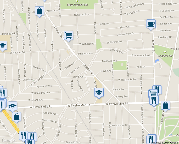 map of restaurants, bars, coffee shops, grocery stores, and more near 2222 Vinsetta Boulevard in Royal Oak