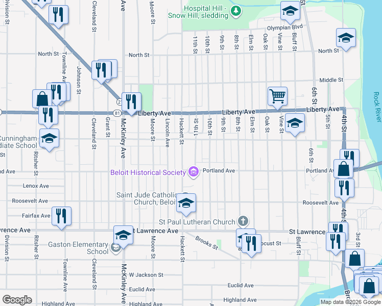 map of restaurants, bars, coffee shops, grocery stores, and more near 940 11th Street in Beloit
