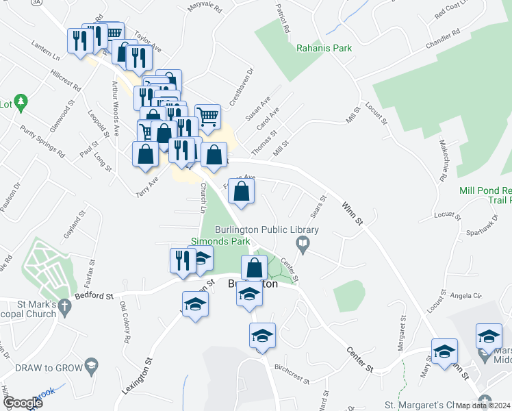 map of restaurants, bars, coffee shops, grocery stores, and more near 156 Cambridge Street in Burlington