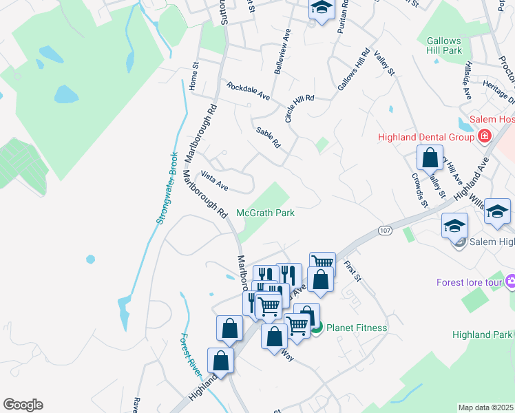 map of restaurants, bars, coffee shops, grocery stores, and more near 46 Marlborough Road in Salem