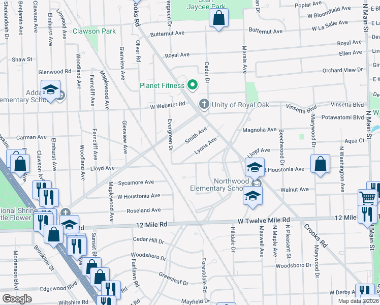 map of restaurants, bars, coffee shops, grocery stores, and more near 1306 Lyons Avenue in Royal Oak