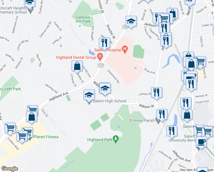 map of restaurants, bars, coffee shops, grocery stores, and more near 9 Berrywood Lane in Salem