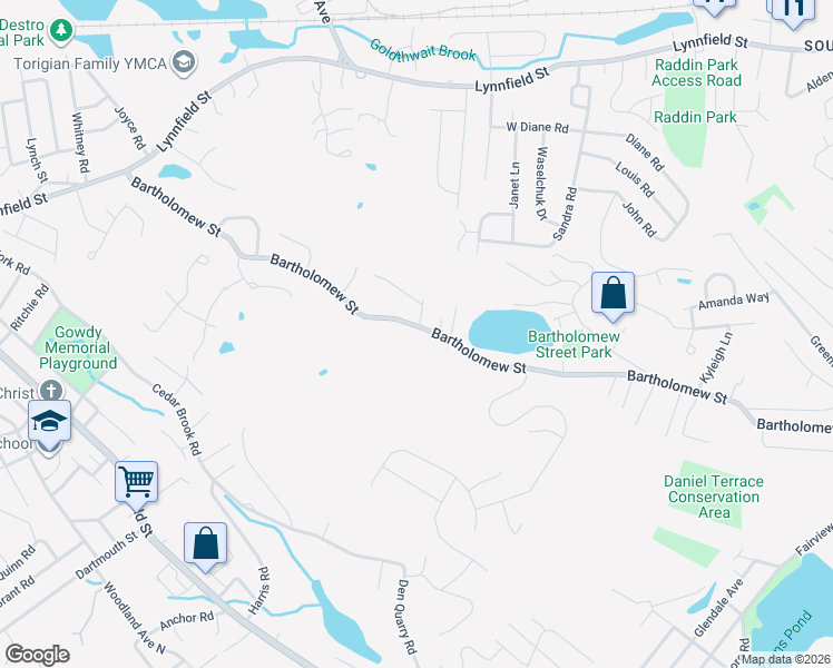 map of restaurants, bars, coffee shops, grocery stores, and more near 182 Bartholomew Street in Peabody
