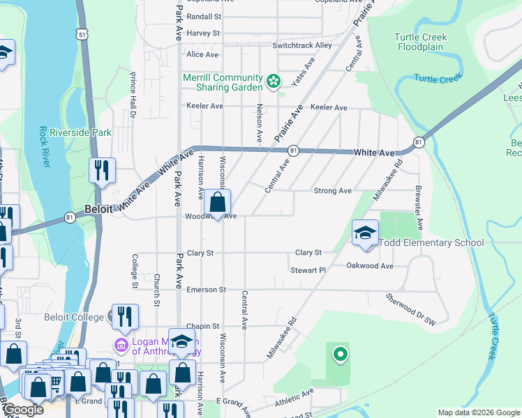 map of restaurants, bars, coffee shops, grocery stores, and more near 1015 Central Avenue in Beloit