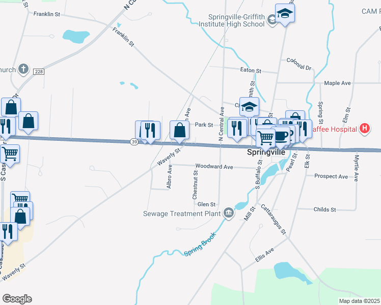 map of restaurants, bars, coffee shops, grocery stores, and more near 168 West Main Street in Springville