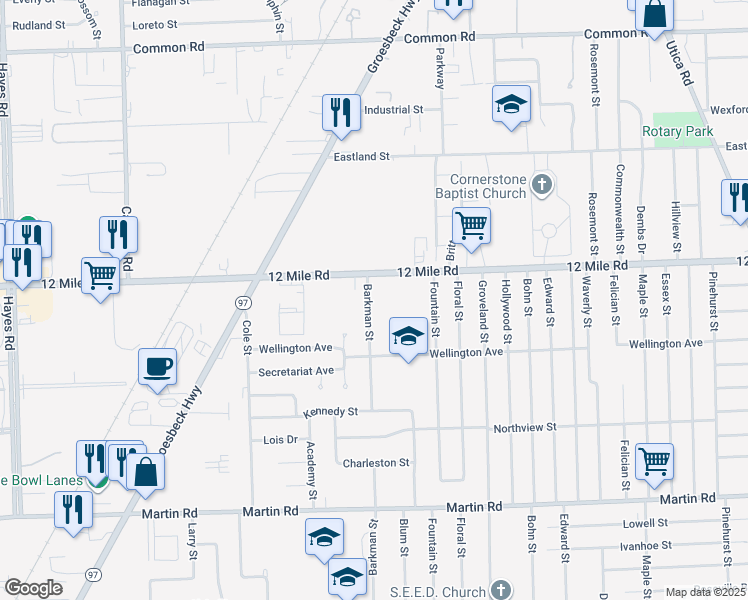 map of restaurants, bars, coffee shops, grocery stores, and more near 28854 Barkman Street in Roseville