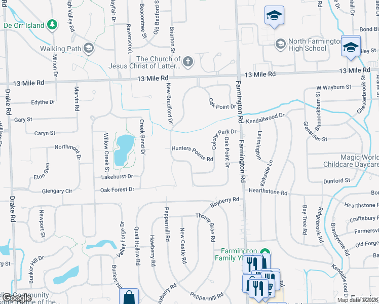 map of restaurants, bars, coffee shops, grocery stores, and more near 33833 Hunters Pointe Road in Farmington Hills