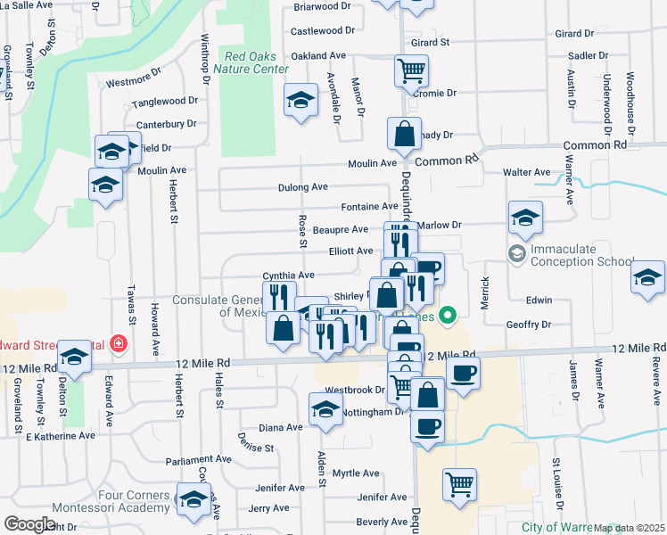 map of restaurants, bars, coffee shops, grocery stores, and more near 1565 Cynthia Ave in Madison Heights