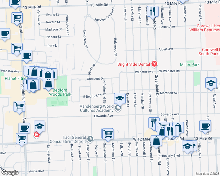 map of restaurants, bars, coffee shops, grocery stores, and more near 29690 Aberdeen Lane in Southfield